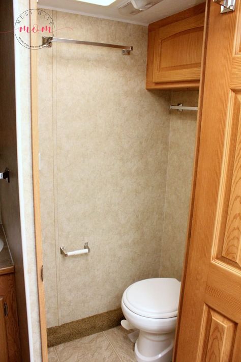 Modern Mountain RV Makeover Before & After Pictures - Must Have Mom Camper Toilet Room Ideas, Bathroom Closet Remodel, Bathroom Sink Remodel, Modern Rv, Bathroom Stencil, Half Bath Decor, Toilet Closet, Camper Bathroom, Over Toilet Storage