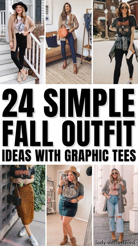 24 Simple Fall Outfit Ideas with Graphic Tees Tshirt With Flannel Outfits, T Shirt And Leggings Outfit Fall, Outfits With Graphic Tees Street Styles, Pumpkin Tshirt Outfit, Edgy Graphic Tee Outfit, Graphic Tee Capsule Wardrobe, Plus Size Graphic Tee Outfit Fall, Graphic Tees Winter Outfit, Graphic Tshirt Outfit Winter