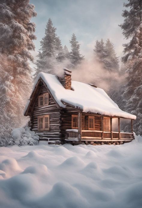 Cabins In Winter, Cabin In Winter Woods, Snowy Cabin Aesthetic, Cabin In The Woods Winter, Watercolor Cottages, Snowy Cabin In The Woods, Winter Cabin In The Woods, Cabin In The Snow, Cozy Winter Cabin