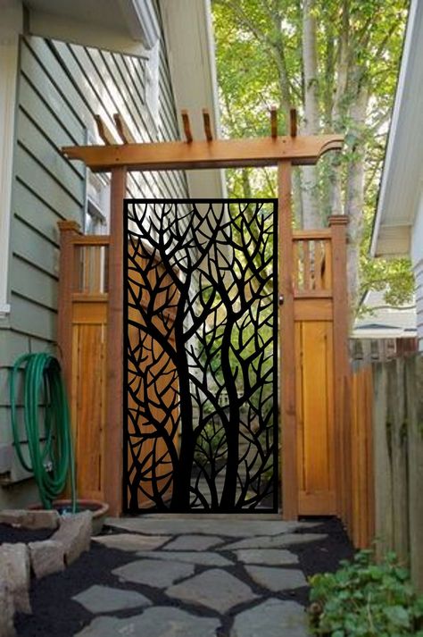 Entry Gate Garden Metal Gate Decorative Pedestrian Gatedecorative Laser Cut Privacy Metal Screen Panel Privacy Screen With Tree Branches - Etsy Metal Garden Door, Outdoor Privacy Panels, Backyard Privacy Screen, Metal Gates Design, Cabin Deck, Fence Gates, Side Patio, Garden Gates And Fencing, Gate Garden