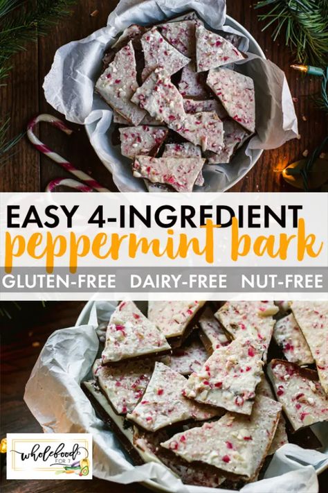 4-Ingredient Peppermint Bark - WholeFoodFor7 Dairy Free Christmas Treats, Vegan Peppermint Bark, Peppermint Bark Recipes, Delicious Holiday Desserts, Paleo Foods, Holiday Sweets, Food Eating, Bark Recipe, Peppermint Bark