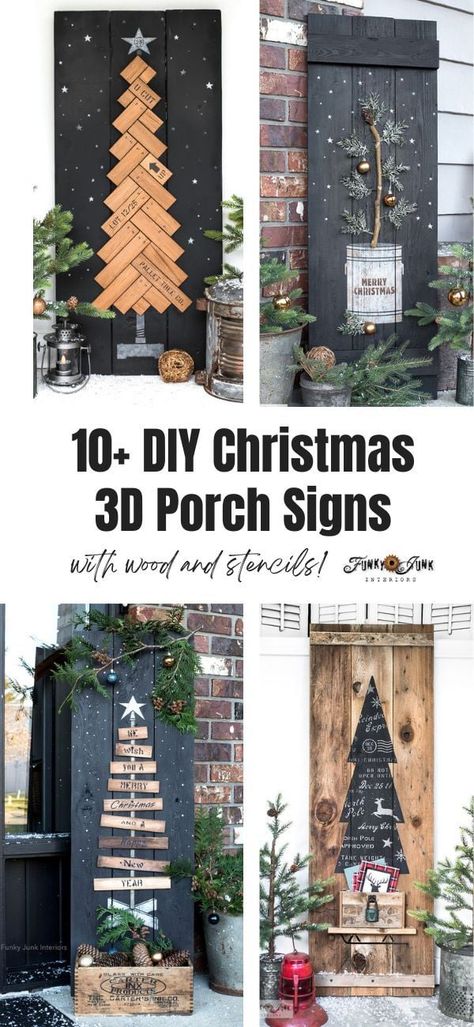 Diy Christmas Porch Signs, Easy Christmas Porch, Christmas Signs Wood Front Porches, Christmas Porch Signs, Christmas Tree Stencil, Charlie Brown Tree, Vintage Christmas Crafts, Pallet Christmas Tree, 3d Elements