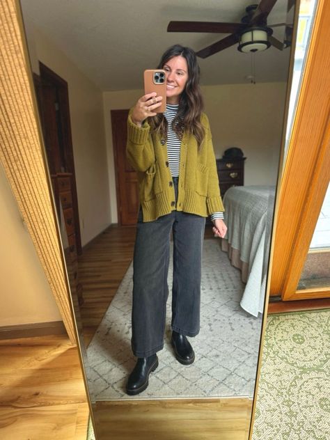 Cardigan And Docs Outfit, Cardigan Grunge Outfit, Striped Turtleneck Outfit Layered, Long Burgundy Cardigan Outfit, Sweater Mom Jeans Outfit, Lime Green Cardigan Outfit, Green Striped Sweater Outfit, Turtleneck And Cardigan Outfit, Pants And Boots Outfit