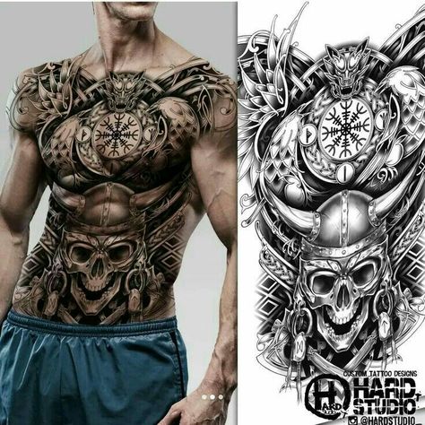 Viking Stomach Tattoos, Viking Chest Tattoo Men, Full Stomach Tattoos Men, Viking Chest Tattoo, Torso Tattoos, Skull Sleeve Tattoos, Skull Sleeve, Viking Men, Chest Tattoo Men