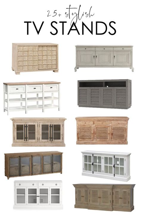 A collection of more than 25 stylish TV stands that work well for so many design styles. I love that there is one included for every budget. So many great media stand finds! Cottage Tv Stand, Coastal Tv Stand, Adding Curb Appeal, Media Stands, White Tv Stand, Tv Stand Ideas, Home Decorating Styles, White Tv Stands, Tv Area