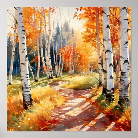 Birch Forest Vivid Colors Painting Poster. Painting Of Birch Trees, Fall Aspen Trees Painting, Birch Trees Drawing, Fall Paintings Trees, Aspen Watercolor Painting, Birch Forest Painting, Watercolor Birch Trees, Birch Painting, Autumn Pics