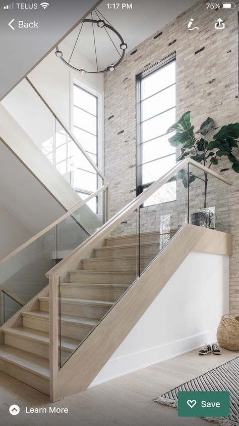 Staircase Glass Design, Glass Staircase Railing, House Development, Glass Railing Stairs, Transitional Staircase, Transitional Interior Design, Woodland House, Glass Stairs, Stair Railing Design