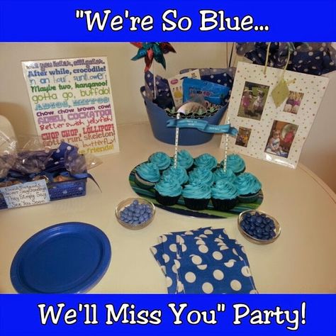 For the Love of Food: We'll Miss You! Blue Themed Farewell Party for Mol... Sherwin Williams Foggy Day, Leaving Party, Perfect Pot Roast, Bon Voyage Party, Goodbye Party, Farewell Party, Farewell Parties, Goodbye Gifts, Farewell Gifts