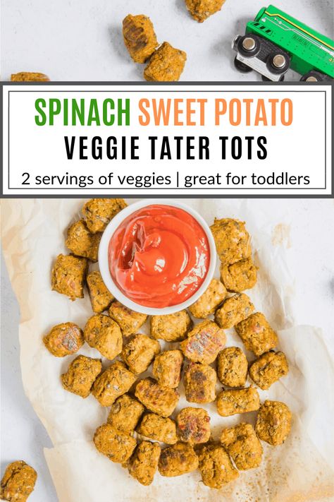 These Spinach Sweet Potato Tots are a fun way to offer nutrient dense toddler vegetable recipes to your little ones. Packed with iron, Vitamin A, Vitamin C and carbohydrates, this veggie tots recipe is great for meal prep and the side to any meal. Toddler Sweet Potato Recipes, Potato Recipe For Toddler, Potato Tater Tots, Veggie Tots, Spinach Sweet Potato, Toddler Vegetables, Hidden Vegetable Recipes, Sweet Potato Tater Tots, Sweet Potato Pizza Crust