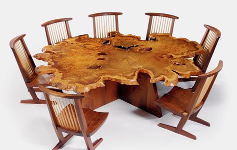 George Nakashima's “Arlyn” table - redwood, black walnut, madrone burl, and east indian laurel; 26” x 89” x 91”. Conoid chairs - walnut and hickory; 35 ½” x 20” x 21”. Nakashima Table, George Nakashima Furniture, Nakashima Furniture, George Nakashima, Live Edge Furniture, Log Furniture, Live Edge Wood, Tree Stump, Woodworking Furniture