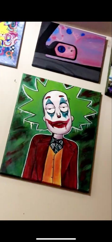 The Joker Painting Easy, Painting On Playing Cards Ideas, Joker Painting Ideas, Joker Painting Acrylics, Joker Painting Easy, Painting Ideas For Guys, Joker Canvas Painting, Trippy Cartoon Painting Ideas, Fair Paintings