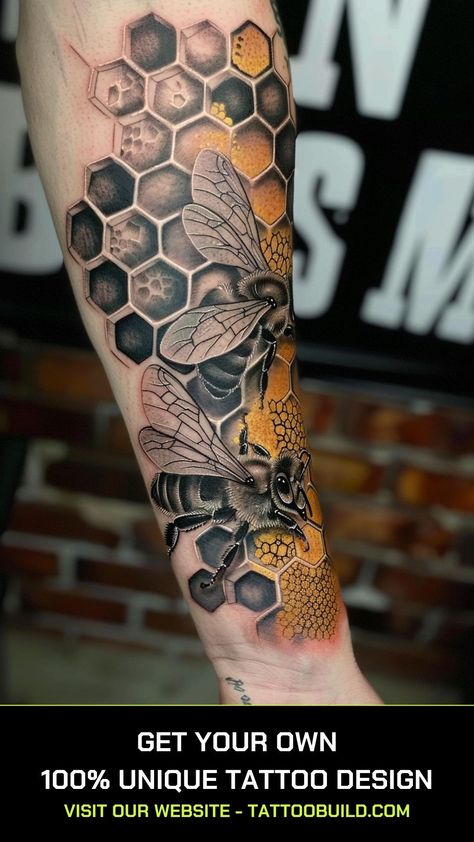 3d Honeycomb Tattoo, Comb Tattoo, Bee Tattoo Design, Bee Tattoo Meaning, Lace Sleeve Tattoos, Egypt Tattoo Design, Queen Bee Tattoo, Bee Tattoos, Honey Bee Tattoo