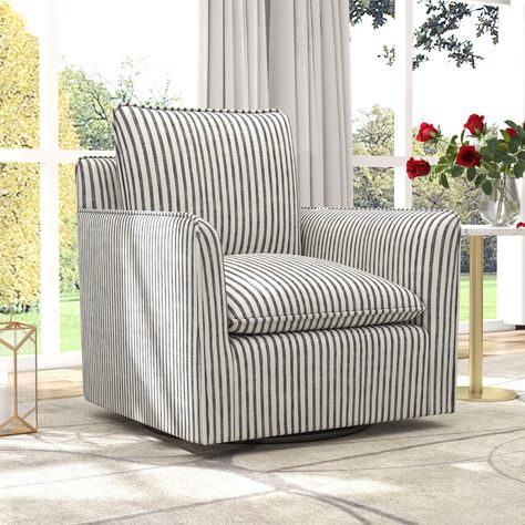 Ivy Bronx Kandyn 29.7" W Modern Soft Stripe Upholstered Swivel Barrel Chair with Removable Cushion | Wayfair Swivel Barrel Chair, Coastal Interiors, Barrel Chair, Toss Pillows, Mudroom Furniture, Game Room Furniture, 6 D, Cozy Living, Swivel Chair