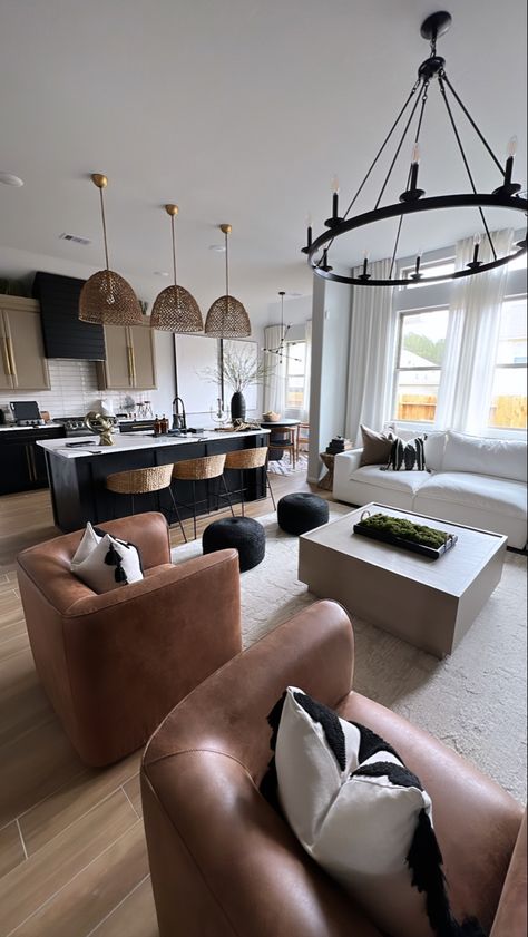 Open Living Room Ideas Modern, Neutral Earthy Moody Living Room, Modern Classic Home Design, Landing Room Ideas Upstairs, Bright Open Living Room, Cb2 Living Room Inspiration, Black Wood White Living Room, Entire House Interior Design, Black And Leather Living Room