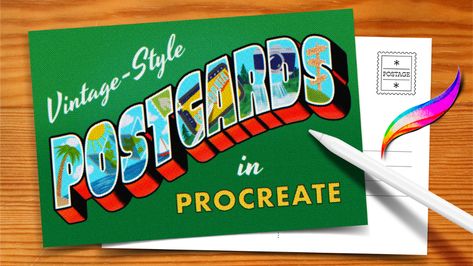 Postcards in Procreate: Vintage-Inspired Text Effects Make Your Own Postcard, Illustrated Postcard, Lettering Guide, 3d Lettering, Color Plan, Travel Vintage, Procreate Tutorial, Art Friend, Basic Drawing