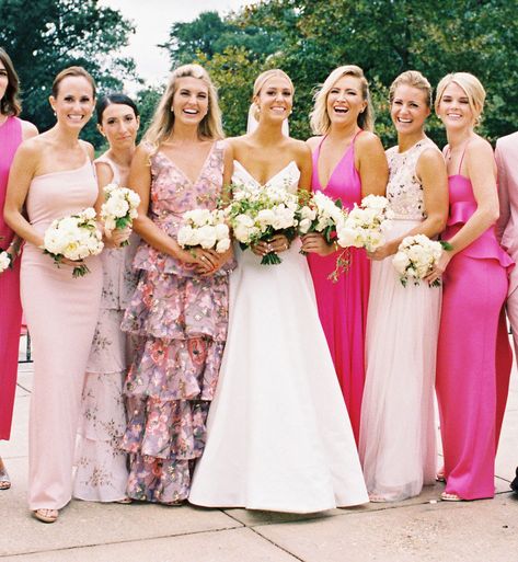 These 'Pretty in Pink' Mix-and-Match Bridesmaids Dresses are Everything Hot Pink Bridesmaid Dresses, Hot Pink Bridesmaids, Neon Prom Dresses, Pink Bridesmaids, Hot Pink Weddings, Floral Bridesmaid Dresses, Vestidos Color Rosa, Pink Bridesmaid Dress, Floral Bridesmaid