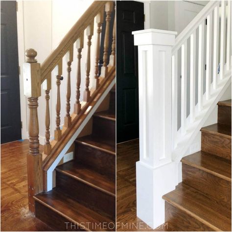 Say goodbye to ugly oak banisters! Find out how we completely transformed our stairway with this inexpensive DIY tutorial. House projects | before and after | stair makeover | update stairs | newel post #DIYtutorial #DIY #stairmakeover #thistimeofmine Farmhouse Style Stair Railing, How To Update Railing, Railing Update Diy, Bannister Makeover Diy, Stair Remodel Before And After, Update Bannister, Update Stair Railing Wood, Repainting Stair Rails Banisters, Handrail Update