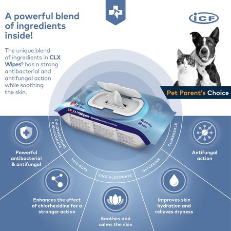 ICF | CLX Wipes | Dog Wipes Antibacterial + Antifungal | Pet Cat & Dog Grooming Wipes For Cleaning Ear, Eye, Paw & Bums | Dog Cleaning Wipes | 40 Pack Ear Cleaning, Dog Cleaning, Dog Grooming, Pets Cats, Cleaning Wipes, Dog Cat, Dogs