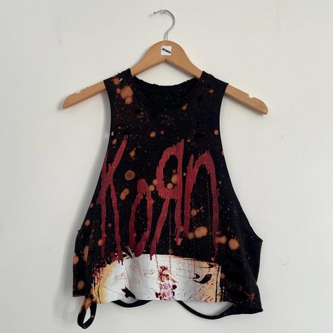 Korn bleached custom band shirt size small Reworked alternative Upcycled vest alt clothing goth band tee festival reverse tie dye nu metal Upcycled Vest, Cropped Band Tee, Off Band, Alt Clothing, Goth Bands, Bleached Shirt, Spring Breakers, Reverse Tie Dye, Hand Making