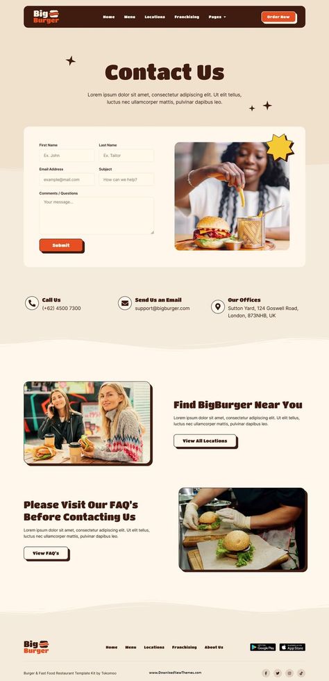 Burger & Fast Food Restaurant Elementor Template Kit Contact Us Page Design, Food Website Design, About Us Page Design, Bakery Website, Restaurant Website Design, Pizza Parlor, Food Web Design, Restaurant Web, Cafeteria Food