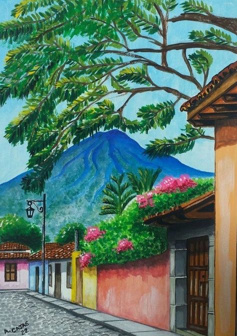 Mexican Paintings Ideas, Guatemalan Art, Mexican Paintings, Colombian Art, Drawing Scenery, Mexican Beaches, Porch Flowers, Spanish Art, Amazing Places On Earth