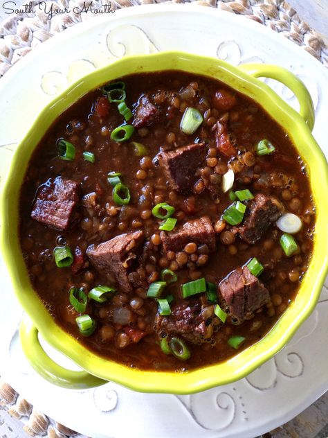 Beef & Lentil Stew | A hearty beef stew made with london broil, sirloin or chuck, a rich beef stock and tender lentils. Beef Lentil Stew, Lentil Salad Recipes, Hearty Beef Stew, Lentils Beans, Beef Soup Recipes, Stew Soup, Soups And Chowders, London Broil, Soup Chowder