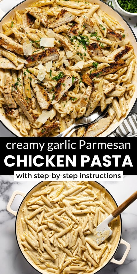 This quick and easy chicken pasta recipe takes 30 minutes or less from start to finish. It's loaded with a creamy homemade alfredo sauce, sliced chicken breast, and al dente noodles for a simple weeknight comfort food your family will love! Chicken Recipes With Noodles, Saturday Meals, Chicken With Noodles, Garlic Parmesan Chicken Pasta, Parmesan Chicken Pasta, Food Tutorials, Chicken Parmesan Pasta, Homemade Alfredo, Homemade Alfredo Sauce