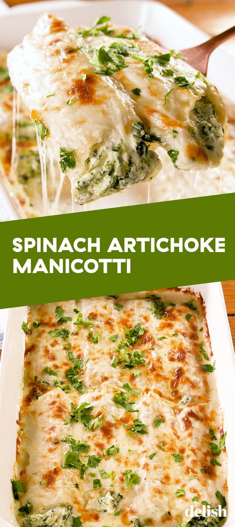 These GIANT pasta noodles are stuffed with cheesy spinach artichoke dip. Get the recipe at Delish.com. #recipe #easy #easyrecipes #delish #pasta #cheese #spinach #artichoke #manicotti #italian #comfortfood #dinner Spinach Artichoke Casserole, Artichoke Casserole, Cheesy Spinach Artichoke Dip, Baked Manicotti, Manicotti Pasta, Pasta Spinach, Recipes Spinach, Pasta Cheese, Recipe Spinach