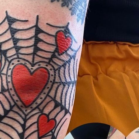 @theluckypigtattoo on Instagram: "Super cute elbow web by @flashbyaj - - - - #elbowtattoo #manchestertattoo #elboweb #trad #traditionaltattoos" Neo Traditional Elbow Tattoo, Black Elbow Tattoo, Cute Elbow Tattoos, Spiderweb Heart Tattoo Elbow, Elbow Web Tattoo, Heart Elbow Tattoo, Elbow Tattoo Web, Web Elbow Tattoo Traditional, Spiderweb Elbow Ditch Tattoo