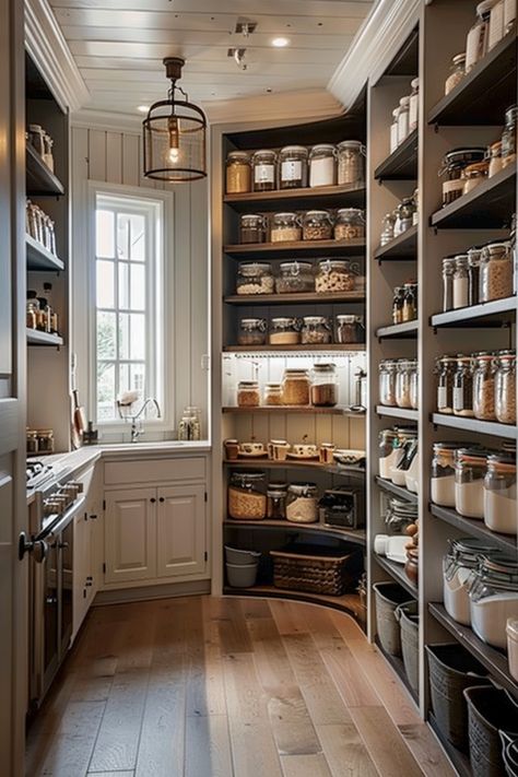 Organize in Style: Farmhouse Kitchen Pantry Ideas - Quiet Minimal Colonial Butlers Pantry, Commercial Kitchen In Home, European Farmhouse Pantry, Galley Pantry Ideas, Barndominium Pantry Ideas, Pantry With Table, Pantry Built In Cabinets, Food Closet, Butler Pantries