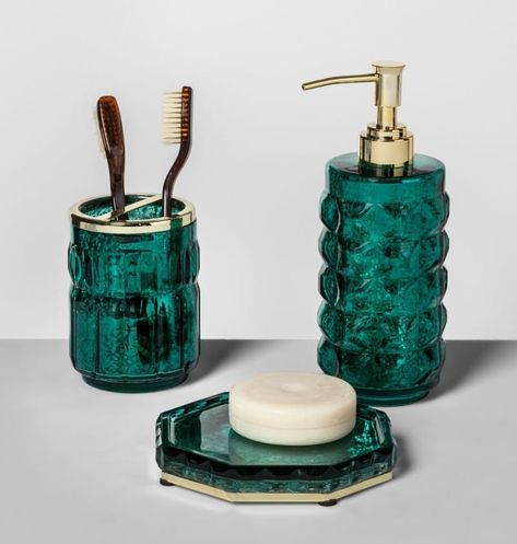 Get the soap dispenser for $12.99, the toothbrush holder for $9.99, and the soap dish for $7.49, all from Target. Geode Bathroom, Celestial Bathroom, Green Toothbrush, Organic Bathroom, Bathroom Boho, Electric Ladyland, Teal Bathroom, Mermaid Bathroom, Chuck Jones