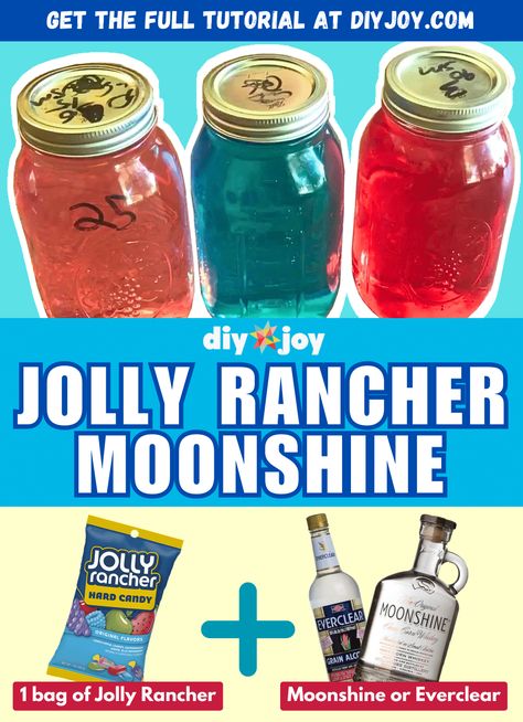 Jolly Rancher Moonshine Jolly Rancher Moonshine, Everclear Recipes, Everclear Drinks, Moonshine Recipes Homemade, Jolly Rancher Flavors, Moonshine Recipe, Apple Pie Moonshine, Jolly Ranchers, Homemade Liquor