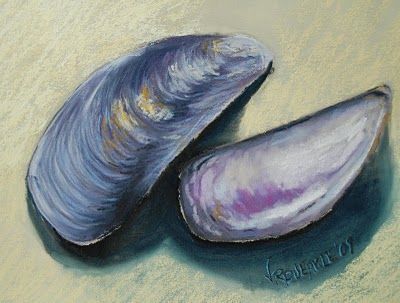 paintings of mussel shells | Mussel shells, 8 x 10 inches, private collection Mussel Painting, Mussel Shell Art, Shell Paintings, Shell Drawing, Mussel Shell, Cottage Exterior, Watercolor Ocean, Beach Images, Painted Shells