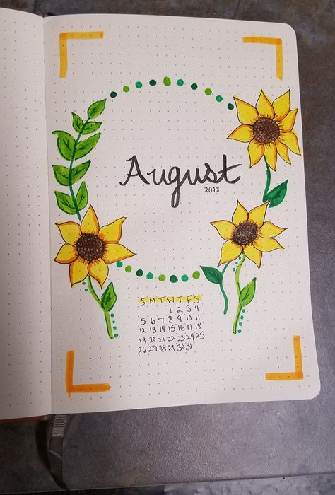 August #bulletjournal sunflower cover August Whiteboard Ideas, August White Board Ideas, White Board Decoration Ideas, August Doodles, Bullet Journal August, File Cover, May Bullet Journal, Whiteboard Art, Project Cover Page