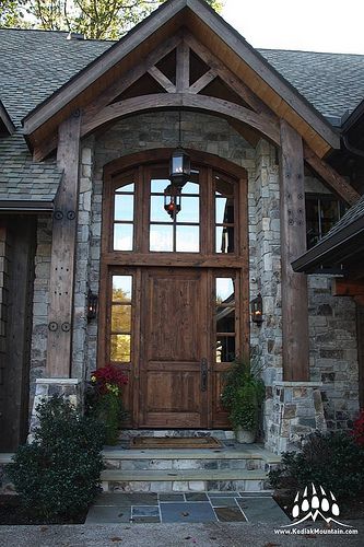 Traditional Exterior Craftsman, Front Door Surrounded By Stone, Craftsman Stone Houses, Craftsman High Ceiling, Gorgeous Homes Craftsman, Mountain Home Entry Door, My Dream Home Craftsman, Cabin Entrance, Lodge Entrance