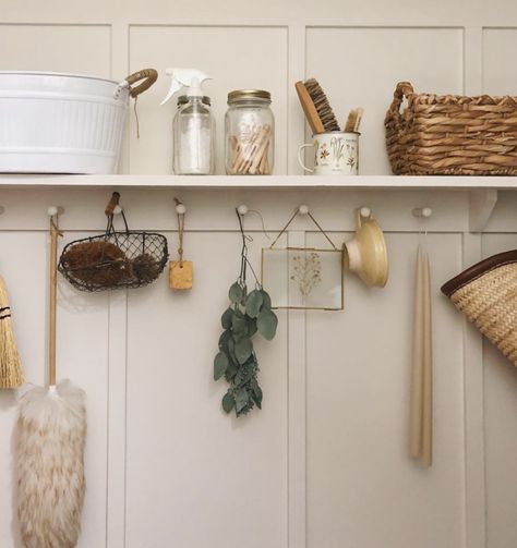 Cozy Laundry Room, Shaker Peg Rail, Plain English Kitchen, Budget Home Decor, Peg Rail, Shaker Pegs, Boot Room, Laundry Mud Room, Pantry Storage