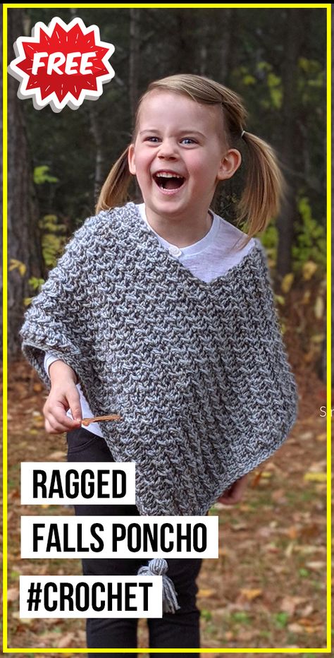 crochet Ragged Falls Poncho free pattern - easy crochet poncho pattern for beginners Crochet Kids Poncho Free Pattern, Toddler Crochet Poncho Pattern Free, Crochet Toddler Poncho Pattern Free, Kids Poncho Crochet Pattern Free, Girls Poncho Crochet Pattern Free, Crochet Toddler Poncho, Bobbles Crochet, Girls Poncho Crochet Pattern, Crocheted Ponchos