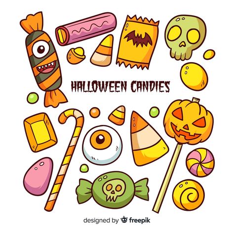 Free Vector | Halloween candy collection Candy Illustration Cute, Cartoon Candy Drawing, Halloween Candy Doodles, Halloween Decorations Drawings, Halloween Candy Illustration, Halloween Candy Drawing, Halloween Candy Art, Candy Drawings, Candy Vector