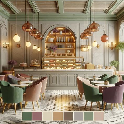 Gelato Cafe Design, Cafe Inspiration Interior, Colourful Cafe Interior Design, French Bakery Interior Design, Parisian Speakeasy, French Cafe Interior Design, Cafe Interior Aesthetic, Parisian Cafe Interior, Vintage Cafe Interior Design