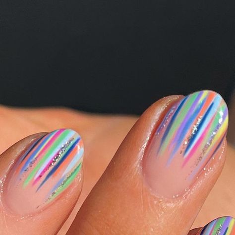 Stripy Nails Nailart, Simple Stripe Nails, Colourful Swirl Nails, Subtle Rainbow Nails, Rainbow Stripe Nails, Abba Nails, Pastel Rainbow Swirl Nails, Multicolored Swirl Nails, Nails Stripes