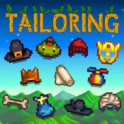 A complete guide to style in Stardew Valley! Learn how to unlock the new 1.4 Tailoring mechanic and see the crafting recipes of over 300 clothing items!... Stardew Valley Hats Guide, Clothing Stardew Valley, Stardew Valley Tailoring Guide, Stardew Valley Clothing Recipes, Stardew Valley Sewing Machine, Stardew Valley Clothing Guide, Stardew Clothing, Stardew Clothes Recipes, Stardew Tailoring