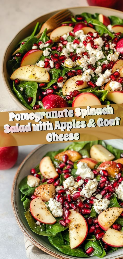 🍂✨ Elevate your fall meals with this colorful Pomegranate Spinach Salad with Apples & Goat Cheese! Dive into the sweet and creamy harmony of autumn's best ingredients—fresh spinach, juicy pomegranate arils, crisp apple slices, and crumbled goat cheese topped with toasted walnuts and a splash of balsamic vinaigrette. Perfect as a side or a light meal, this salad captures the essence of the season in every bite. 🥗🍎 #HarvestSaladDelight #FallInALeaf #FarmToTablePerfection #SaladLovers #GoatCheeseGoodness Fall Salad With Pomegranate, Pomegranate Fall Salad, Thanksgiving Salad Recipes Pomegranate, Apple And Pomegranate Salad, Seasonal Salads Winter, Basic Side Salad, Spinach Pomegranate Salad, Apple Goat Cheese Salad, Spinach Salad With Apples