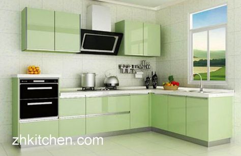 green Glossy Kitchen Cabinet Design Glossy Kitchen Cabinets, Glossy Kitchen, Pvc Furniture, Green Kitchen Cabinets, Small Kitchen Decor, Kitchen Interior Design Decor, Kitchen Furniture Design, White Kitchen Cabinets, Green Kitchen