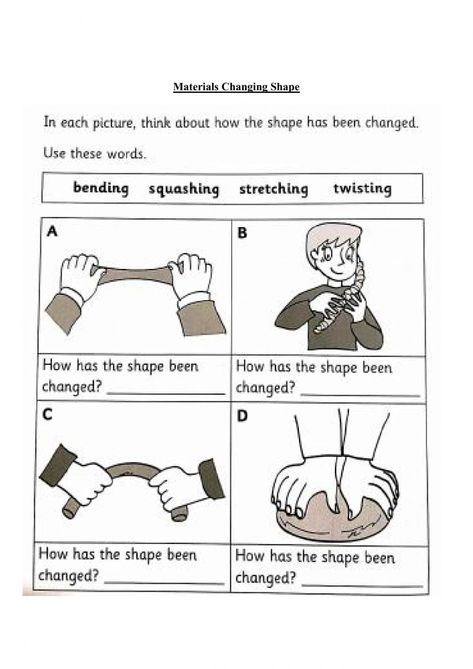 Science - Materials Changing Shape worksheet Changing Materials Science, Changing Materials Science Worksheet, Materials Worksheet Science, Science Questions For Kids, Capacity Worksheets, Shape Worksheet, Science Materials, Force Activities, Grade 2 Science