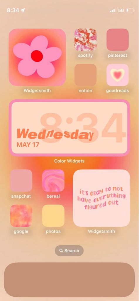 Pink And Orange Iphone Layout, Iphone 16 Home Screen Ideas, Aesthetic Ipad Homescreen Layout Pink, Orange Home Screen, Orange Layout, Widgets Idea, Peach App, Ipad Homescreen, App Home Screen