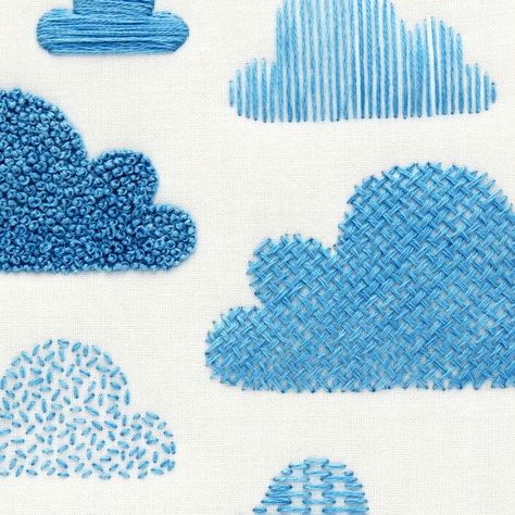 The cloud embroidery sampler is a great way to try out a number of needlework stitches to fill in shapes. Available as a PDF download, printed fabric pattern and complete embroidery kit ⛅️ Giant Embroidery, Cloud Embroidery, Subversive Cross Stitch, Embroidery Sampler, Basket Quilt, Hand Embroidery Kit, Pola Kristik, Pola Sulam, Brazilian Embroidery