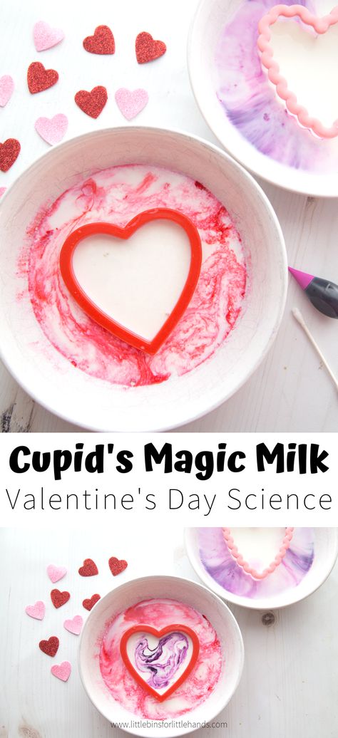 Valentine Science Experiments, Valentine Stem Activities, Milk Experiment, Milk Science Experiment, Preschool Valentines Activities, Magic Milk, Science Valentines, Kids Valentines Day, Science For Toddlers