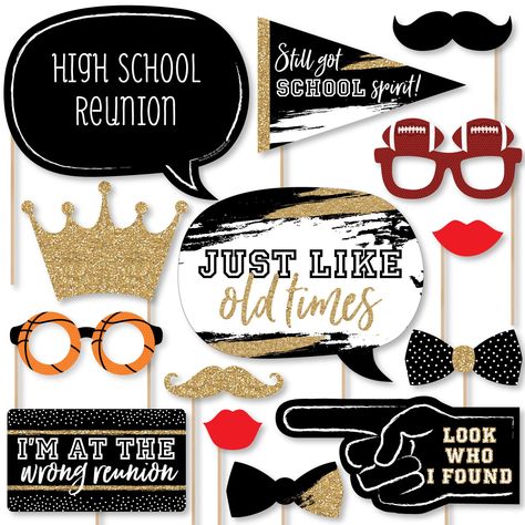 Class Reunion Favors, 40th Reunion, Class Reunion Planning, 50th Class Reunion Ideas, High School Class Reunion, Class Reunion Decorations, Funny Photo Booth, College Reunion, Reunion Decorations