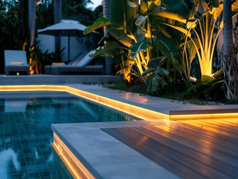 Pool Lighting Ideas, Pool Deck Decorations, Luxury Pools Backyard, Pool Lighting, Florida Pool, San Myshuno, Swimming Pool Lights, Led Pool Lighting, Backyard Layout