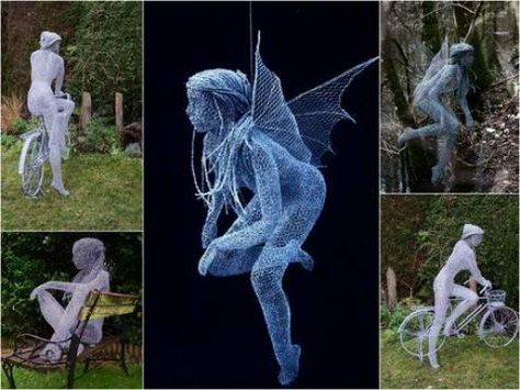 Garden Art Sculptures Cement, Wire Fairies, Chicken Wire Sculpture, Fantasy Wire, Chicken Wire Art, Chicken Wire Crafts, Wire Sculptures, Sculpture Exhibition, Wire Art Sculpture